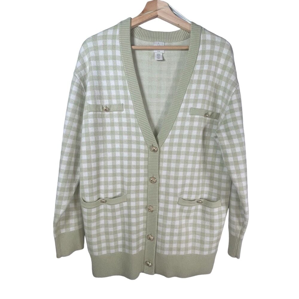 Joie Womens Green Gingham Check Plaid Boyfriend Cardigan SIZE MEDIUM Preppy - Picture 9 of 9
